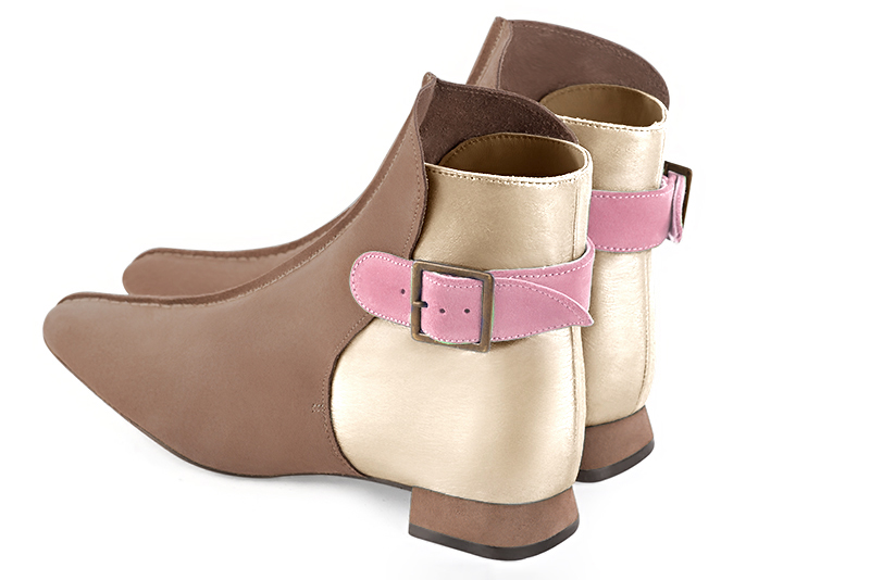 Biscuit beige, gold and carnation pink women's ankle boots with buckles at the back. Square toe. Flat flare heels. Rear view - Florence KOOIJMAN